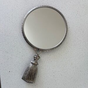 Ornate Round Hand Mirror with Tassel Handle - Silver Tone